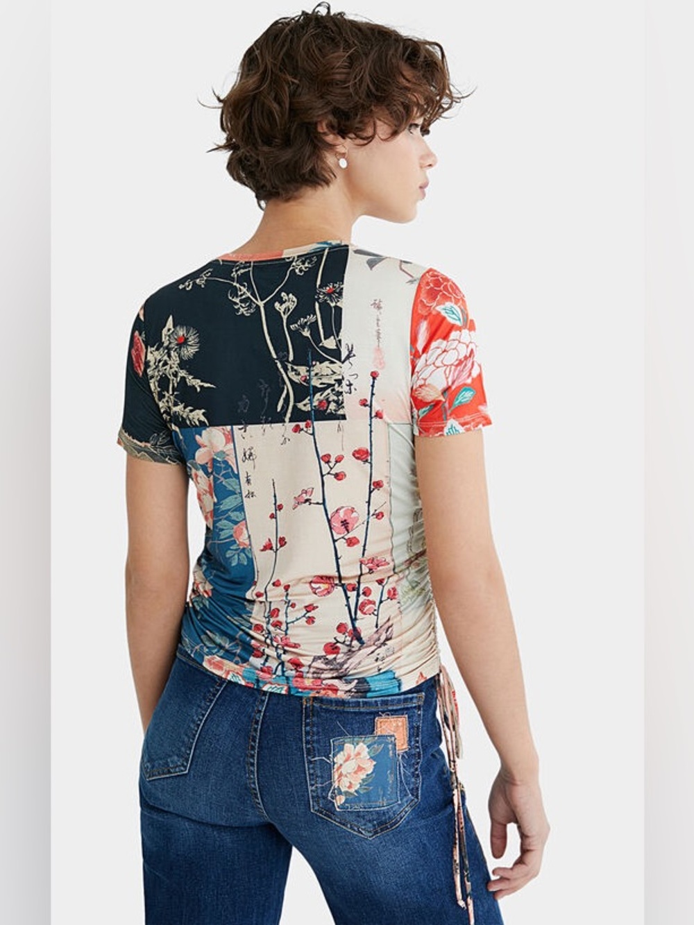 Desigual Floral & Bird Print Drawstring Tee slinky stretchy chic boho farm rio - Picture 3 of 7